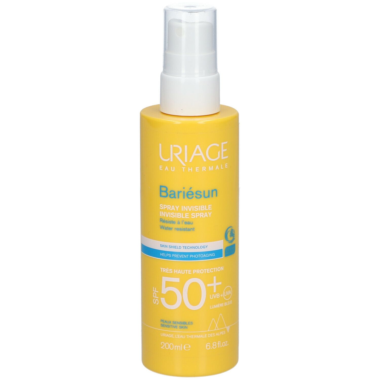 Gele fles met witte spraykop. Opschrift: URIAGE, Bariesun, Spray Invisible SPF50. Waterbestendig. 200ml.