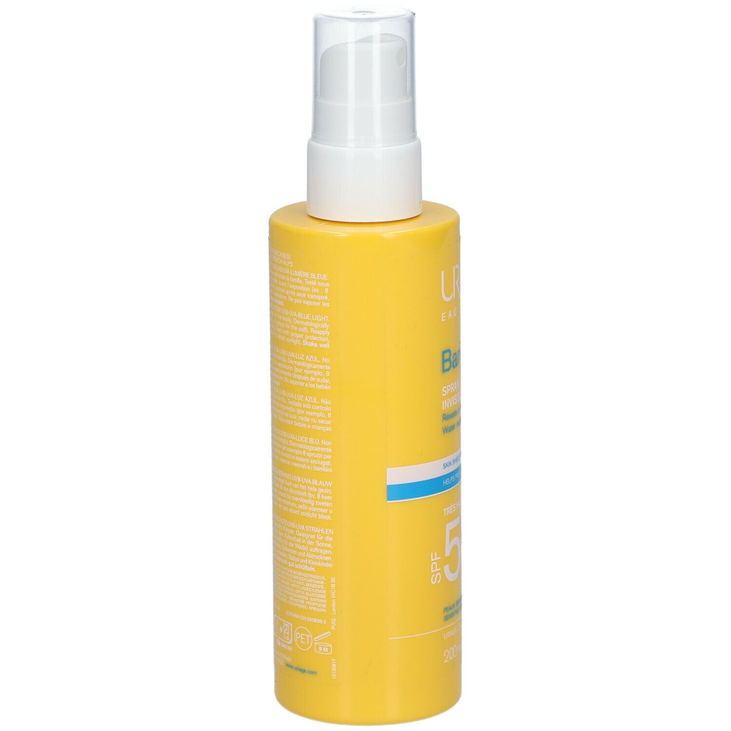 Gele fles met witte spraykop. Achterkant met tekst. Opschrift: URIAGE, Bariesun, Spray Invisible SPF50. 200ml.