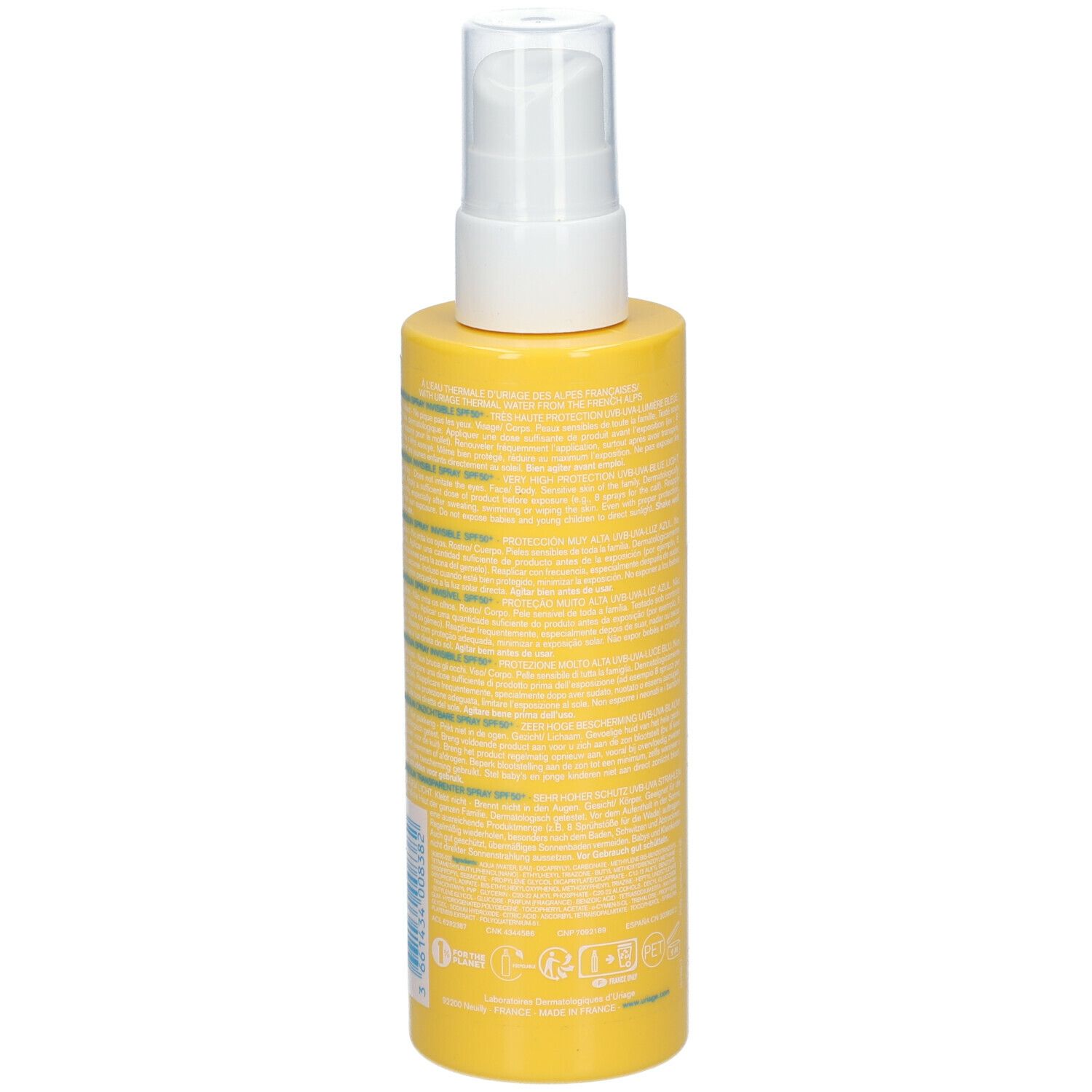 Gele fles met witte spraykop. Achterkant met tekst. Opschrift: URIAGE, Bariesun, Spray Invisible SPF50. 200ml.