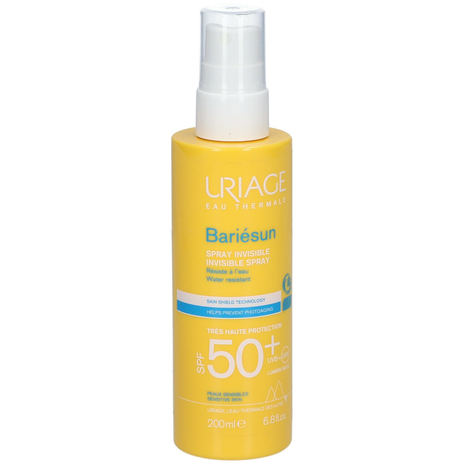 Gele fles met witte spraykop. Opschrift: URIAGE, Bariesun, Spray Invisible SPF50. Waterbestendig. 200ml.