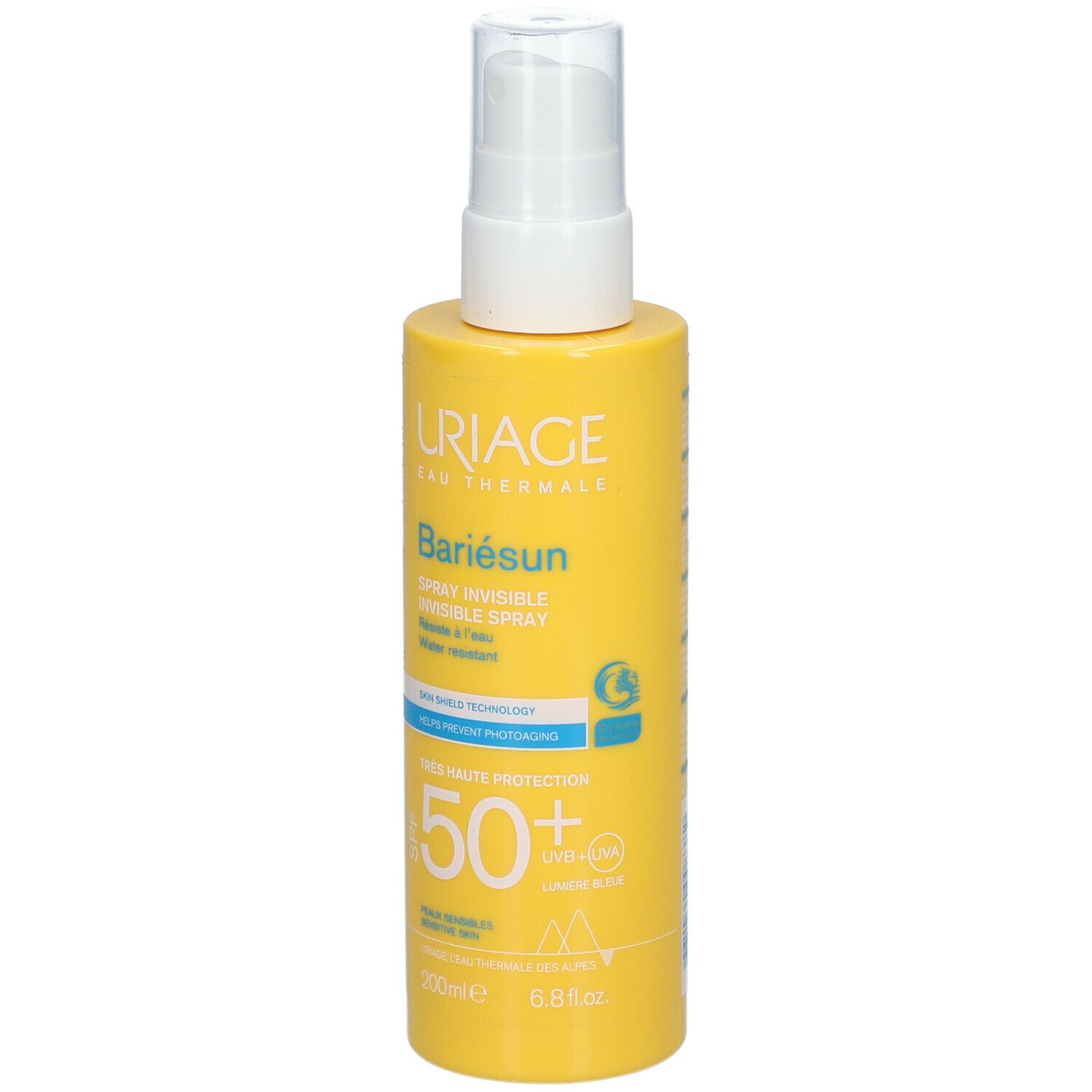 Gele fles met witte spraykop. Opschrift: URIAGE, Bariesun, Spray Invisible SPF50. Waterbestendig. 200ml.