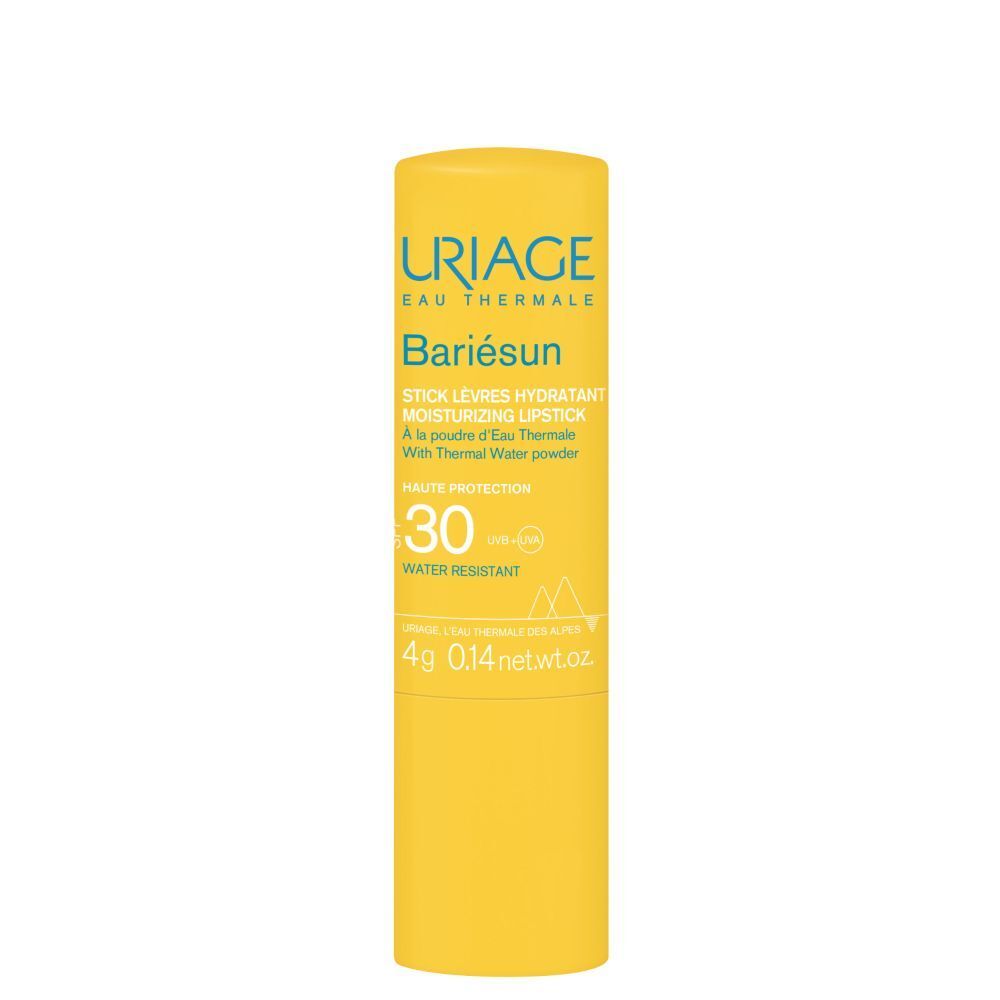 Gele lippenbalsem met tekst. Merk: URIAGE. SPF30. Waterbestendig. Voor gevoelige lippen.