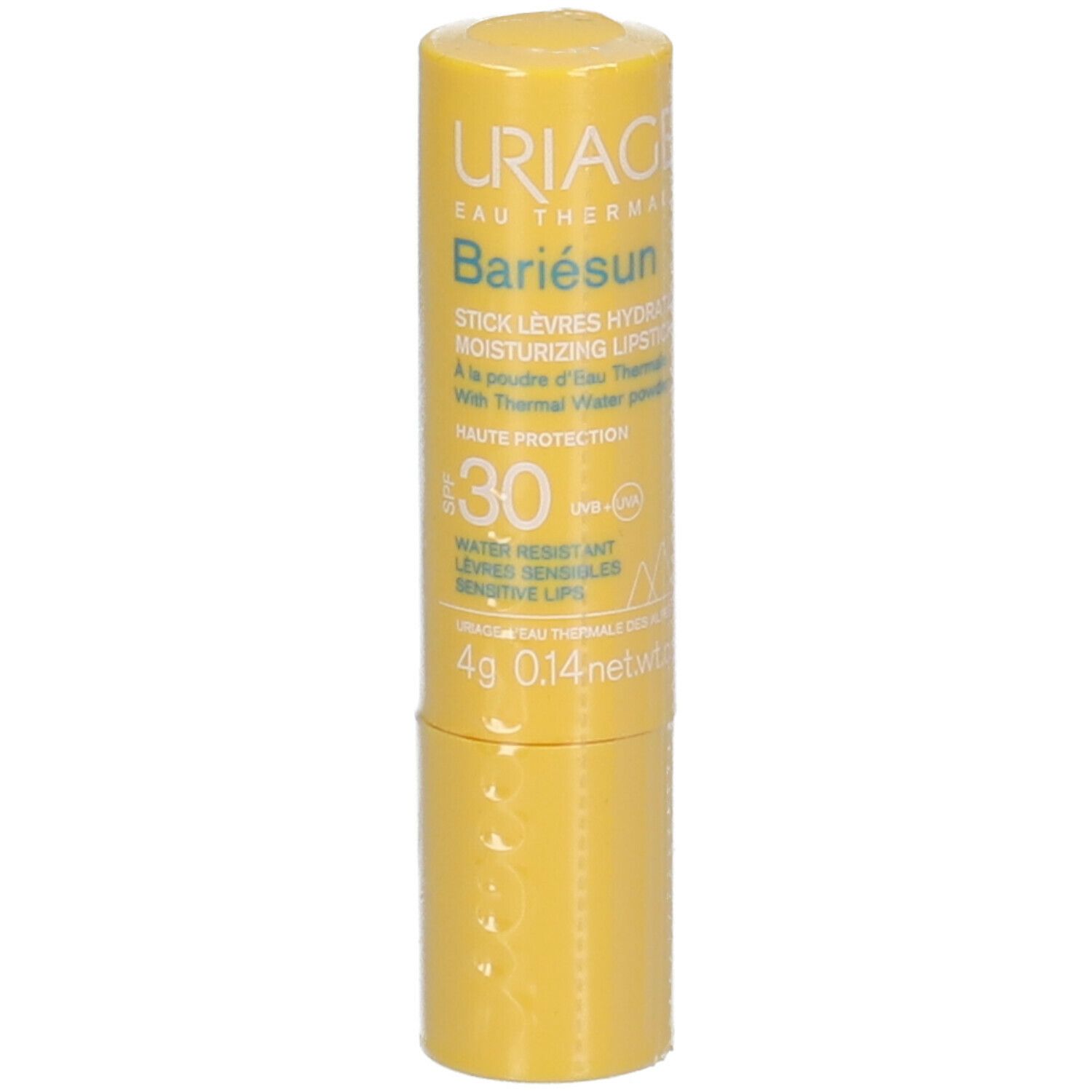 Gele lippenbalsem met tekst. Merk: URIAGE. SPF30. Waterbestendig. Voor gevoelige lippen.