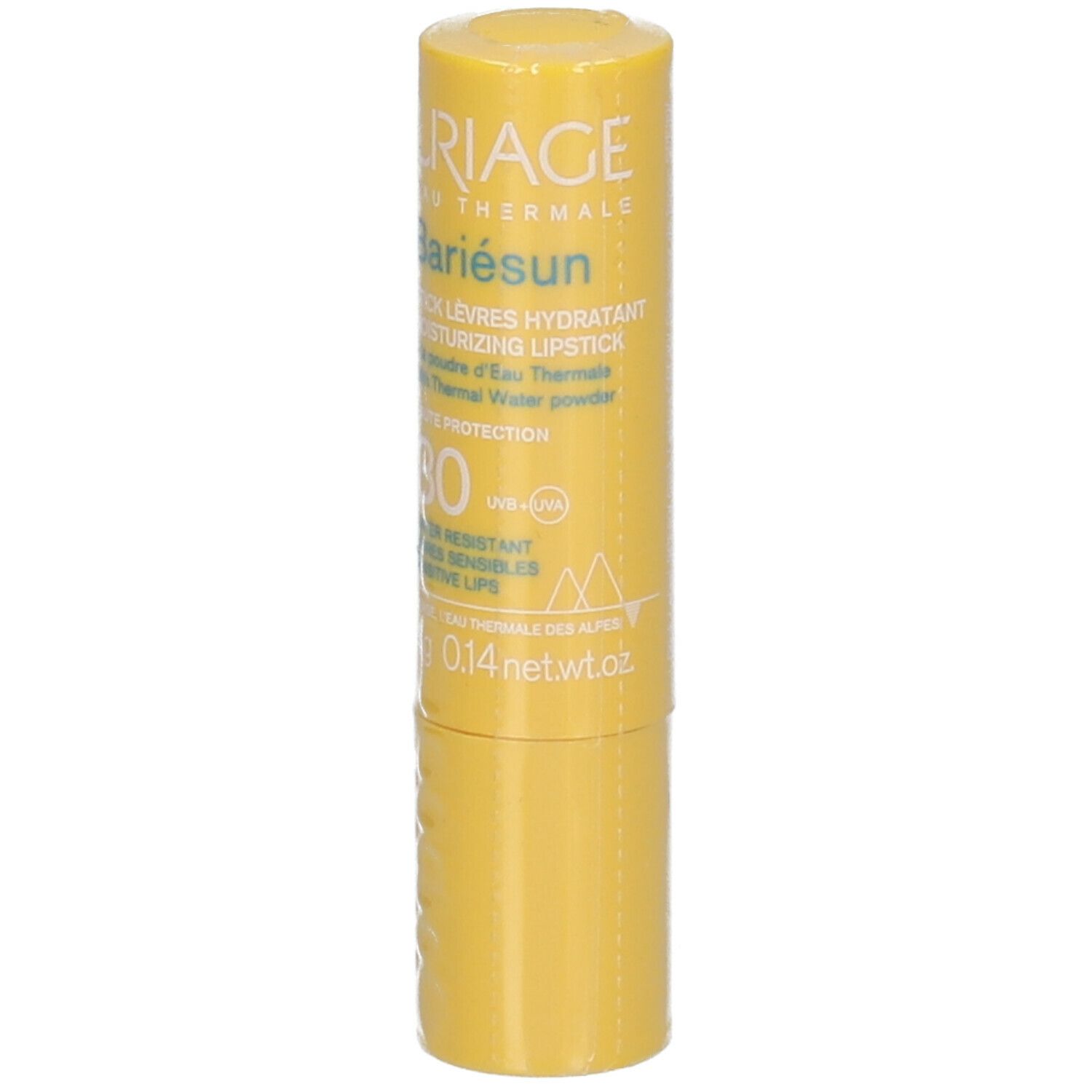 Gele lippenbalsem met tekst. Merk: URIAGE. SPF30. Waterbestendig. Voor gevoelige lippen.
