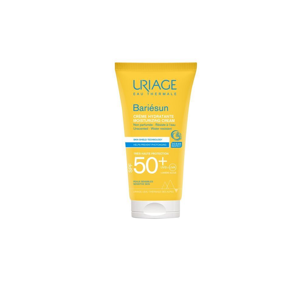 Gele tube met witte dop. Tekst: URIAGE, Bariésun, crème hydratante SPF50. Ocean Respect.