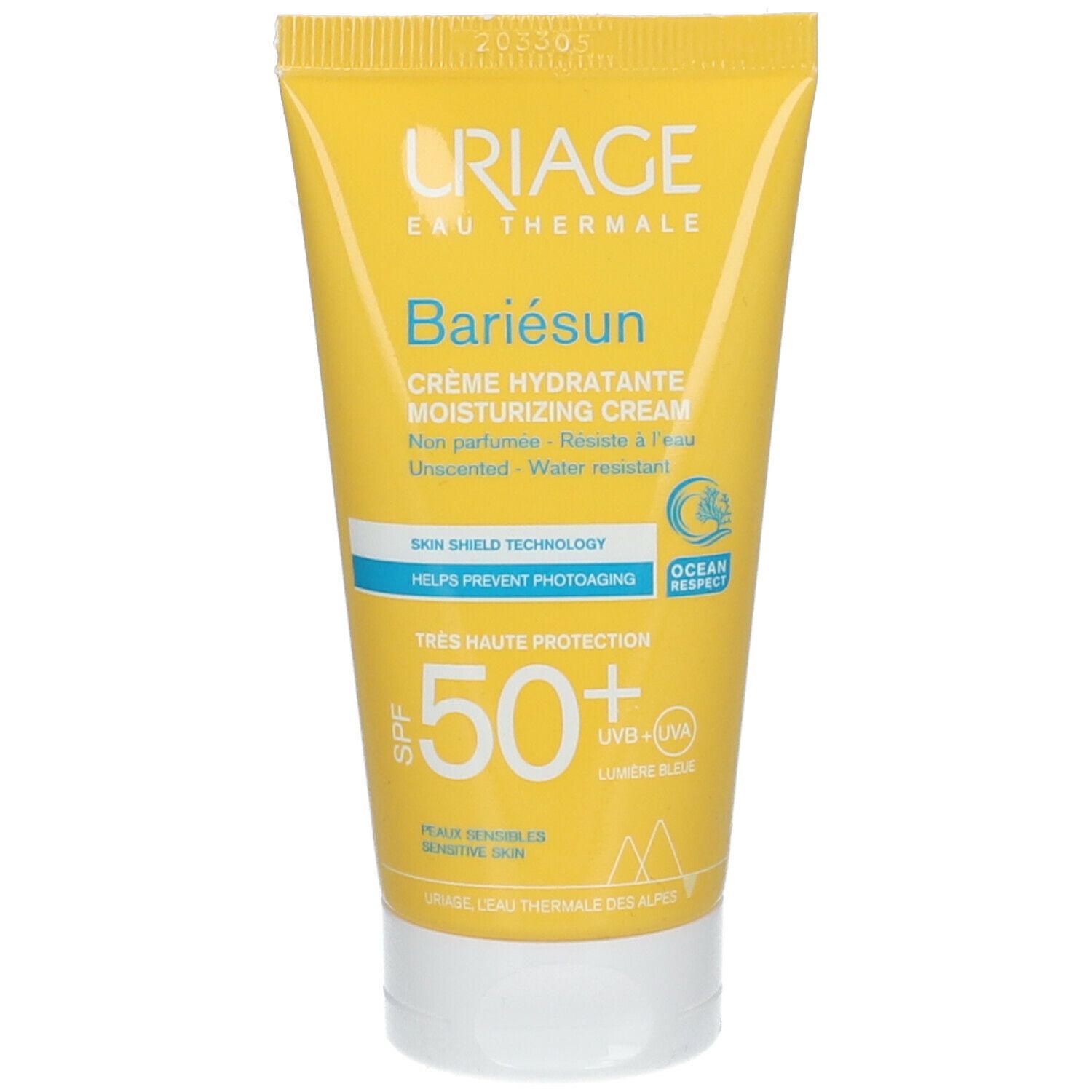 Gele tube met witte dop. Tekst: URIAGE, Bariésun, crème hydratante SPF50. Ocean Respect.