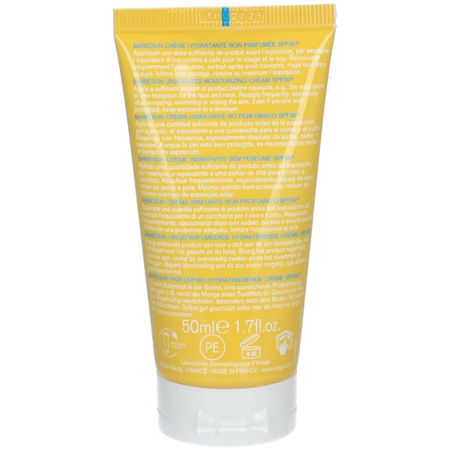 Achterkant van de gele tube. Meertalige tekst. 50ml. PE-recyclingsymbool.