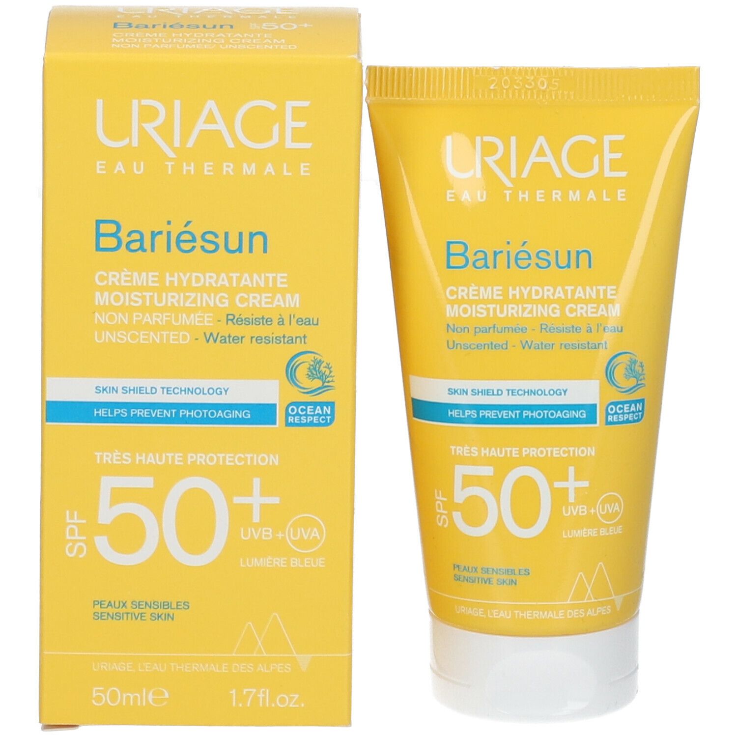 Gele doos en tube. Tekst: URIAGE, Bariésun, crème hydratante SPF50. 50ml. Ocean Respect.