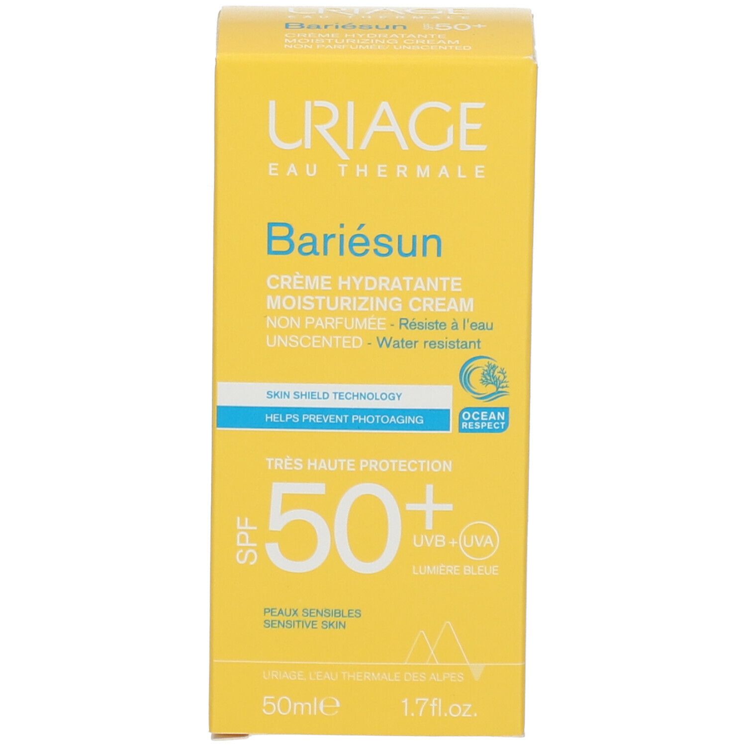 Gele doos. Tekst: URIAGE, Bariésun, crème hydratante SPF50. 50ml. Ocean Respect.