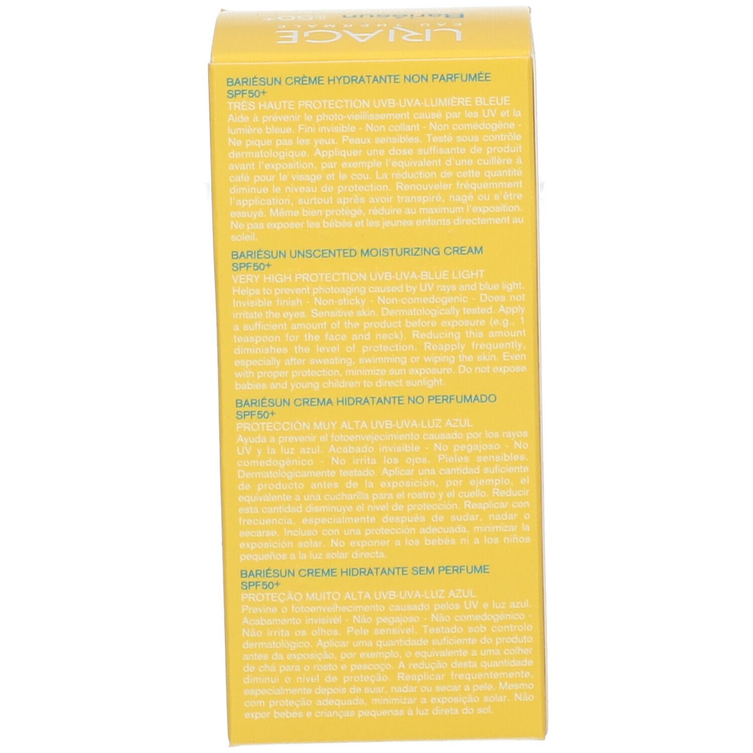 Zijkant van de gele doos. Meertalige tekst. Bariésun crème hydratante SPF50.