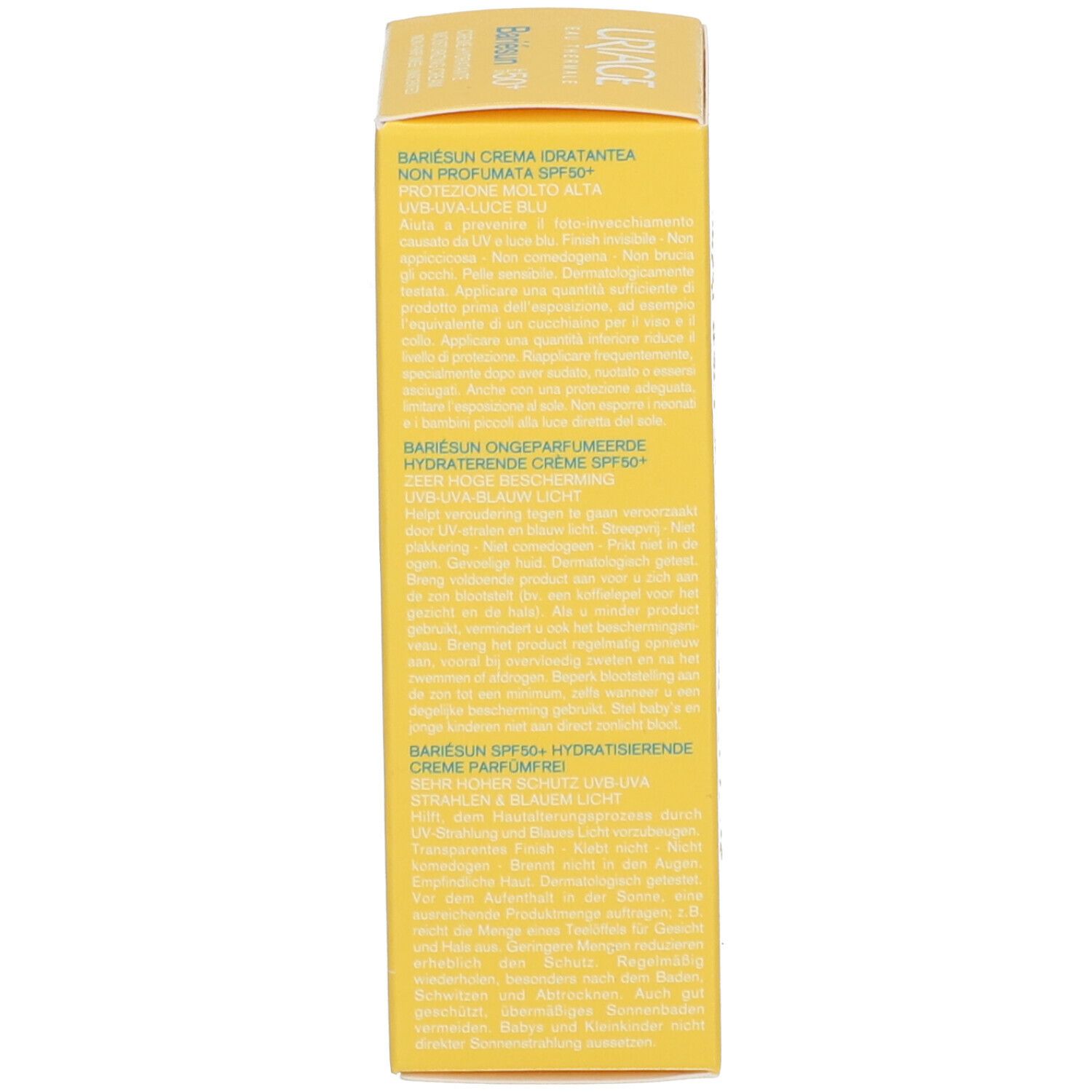 Zijkant van de gele doos. Meertalige tekst. Bariésun crème hydratante SPF50.