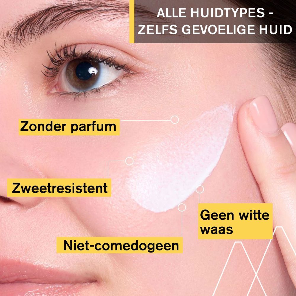 Close-up van een gezicht. Tekst: Zonder parfum, zweetresistent, geen witte waas, niet-comedogeen.