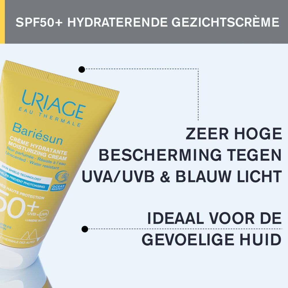 Close-up van de tube. Tekst: URIAGE, Bariésun, SPF50+ hydraterende gezichtscrème. Zeer hoge bescherming.