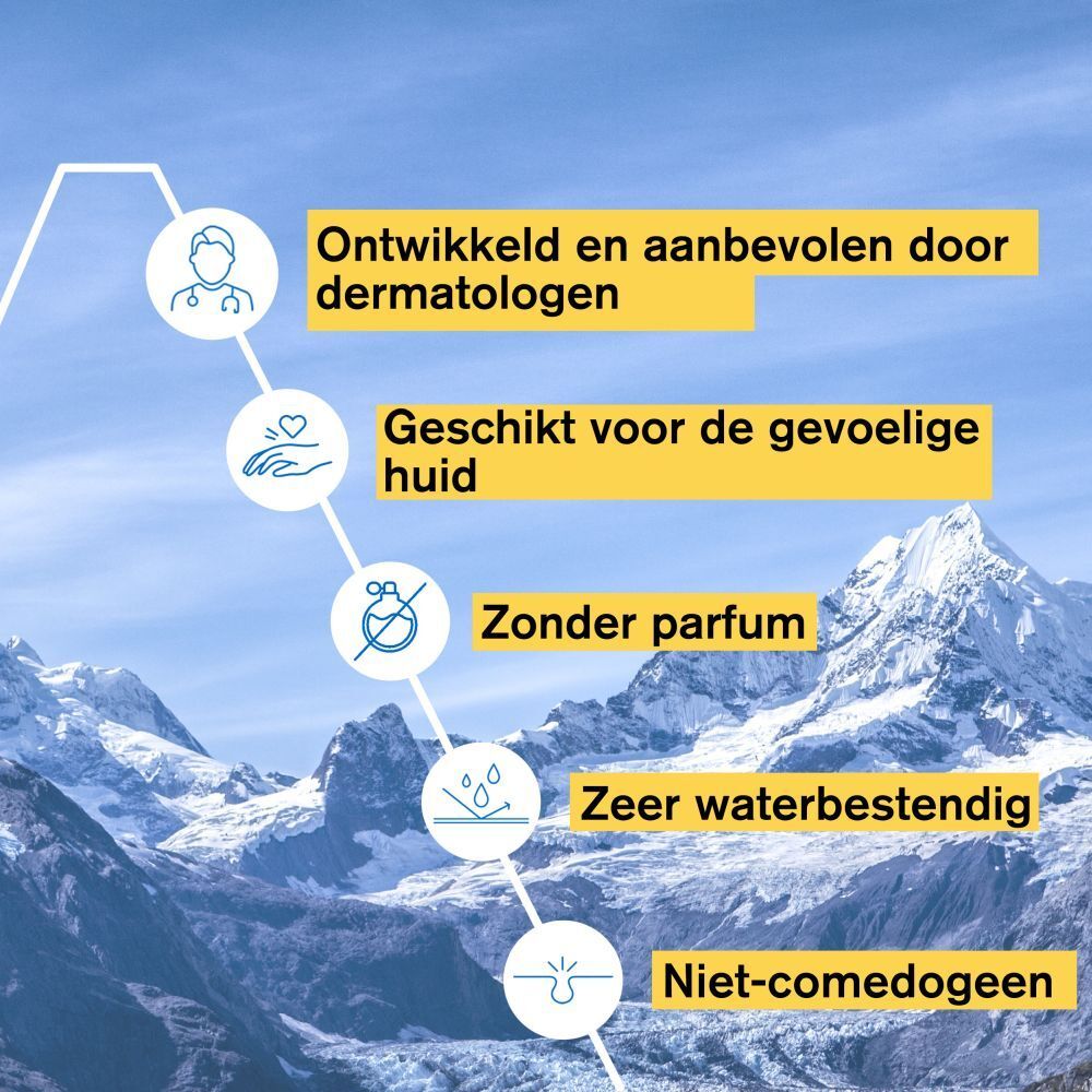 Grafiek. Tekst: Ontwikkeld en aanbevolen door dermatologen, gevoelige huid, zonder parfum.