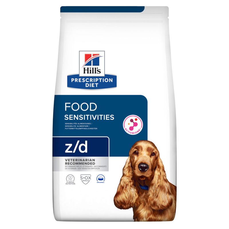 Hundefutterbeutel mit Produktnamen und einem Hund. Aufschrift: Hill's Prescription Diet z/d Food Sensitivities.