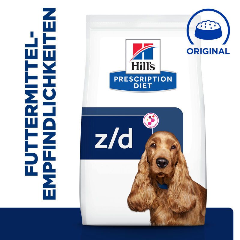 Hundefutterbeutel mit Produktnamen und einem Hund. Aufschrift: Hill's Prescription Diet z/d Original.