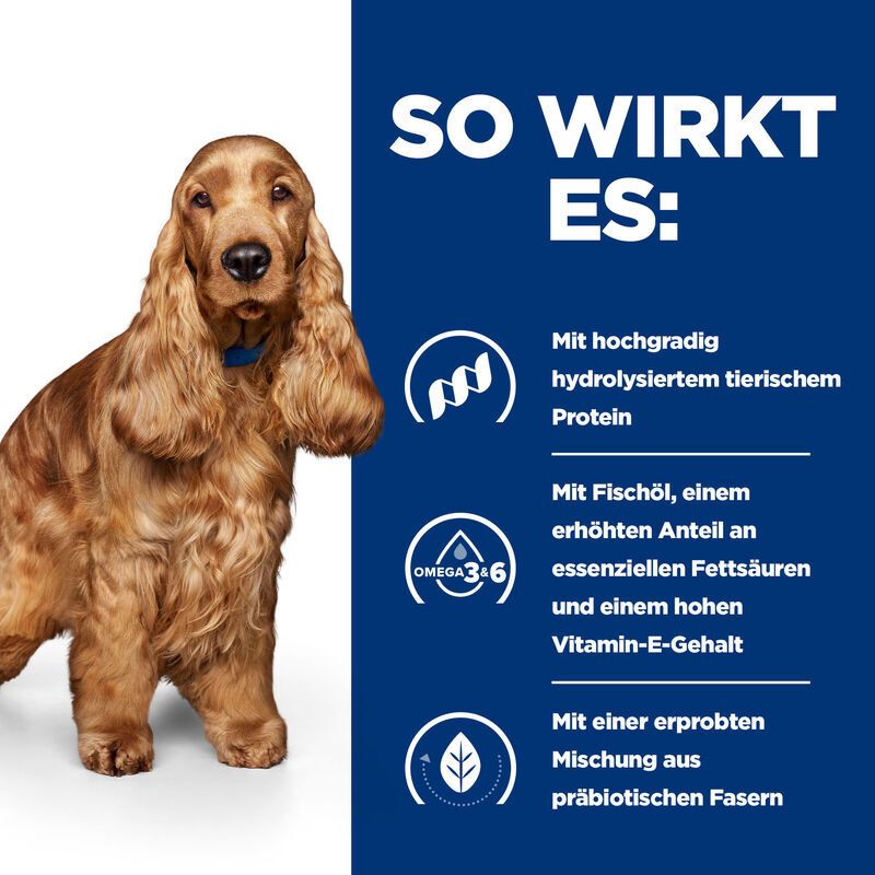 Infografik mit Text und Symbolen. Beschreibt die Wirkung des Futters. Enthält ein Bild eines Hundes.