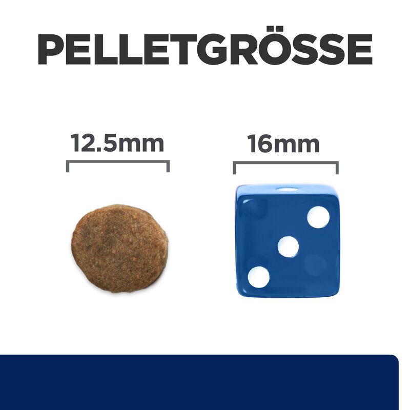 Vergleich der Pelletgrößen. Links: 12,5 mm Pellet. Rechts: 16 mm Würfel.