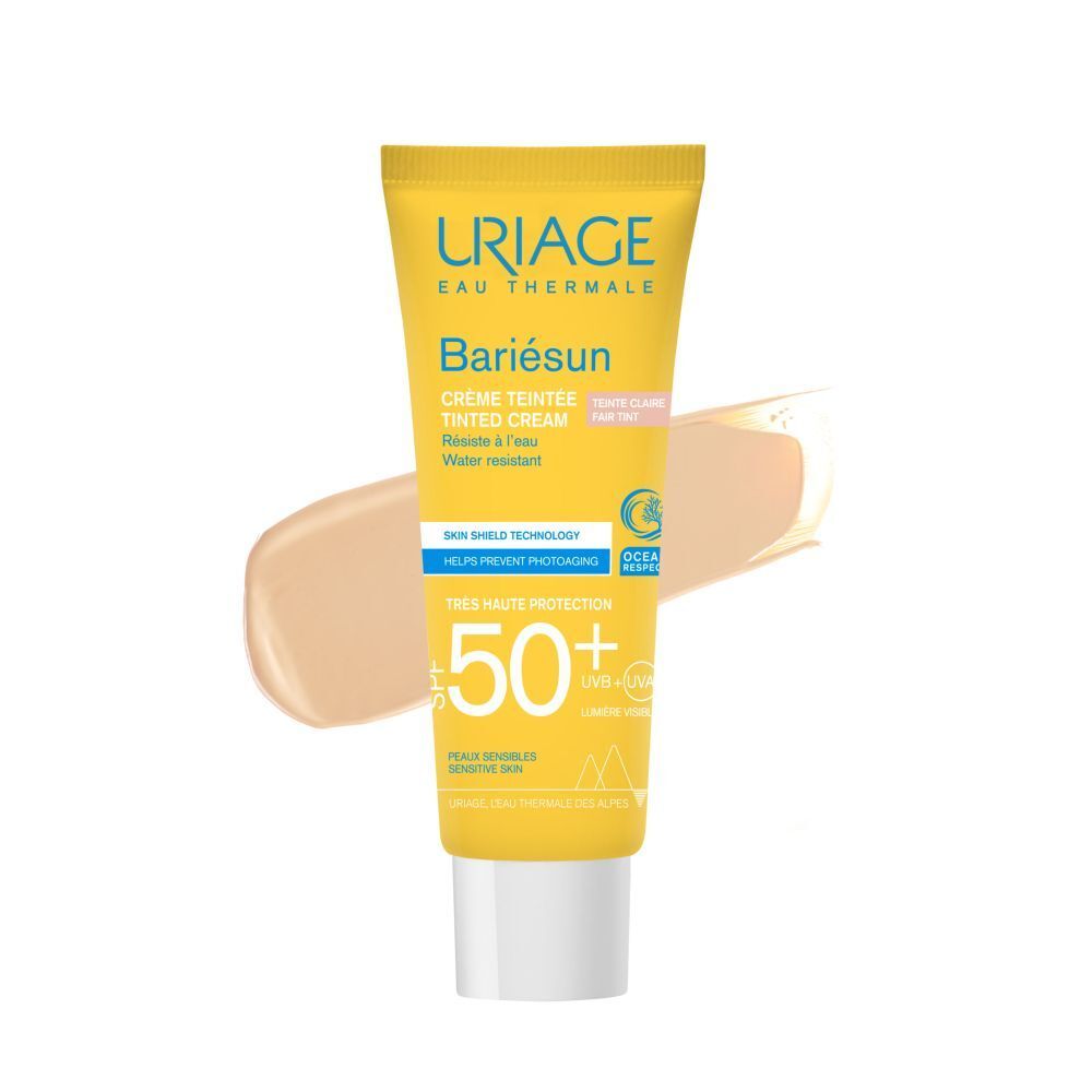 Gele tube met crème-uitstrijk. Opschrift: Uriage, Bariésun, getinte crème, SPF50+.