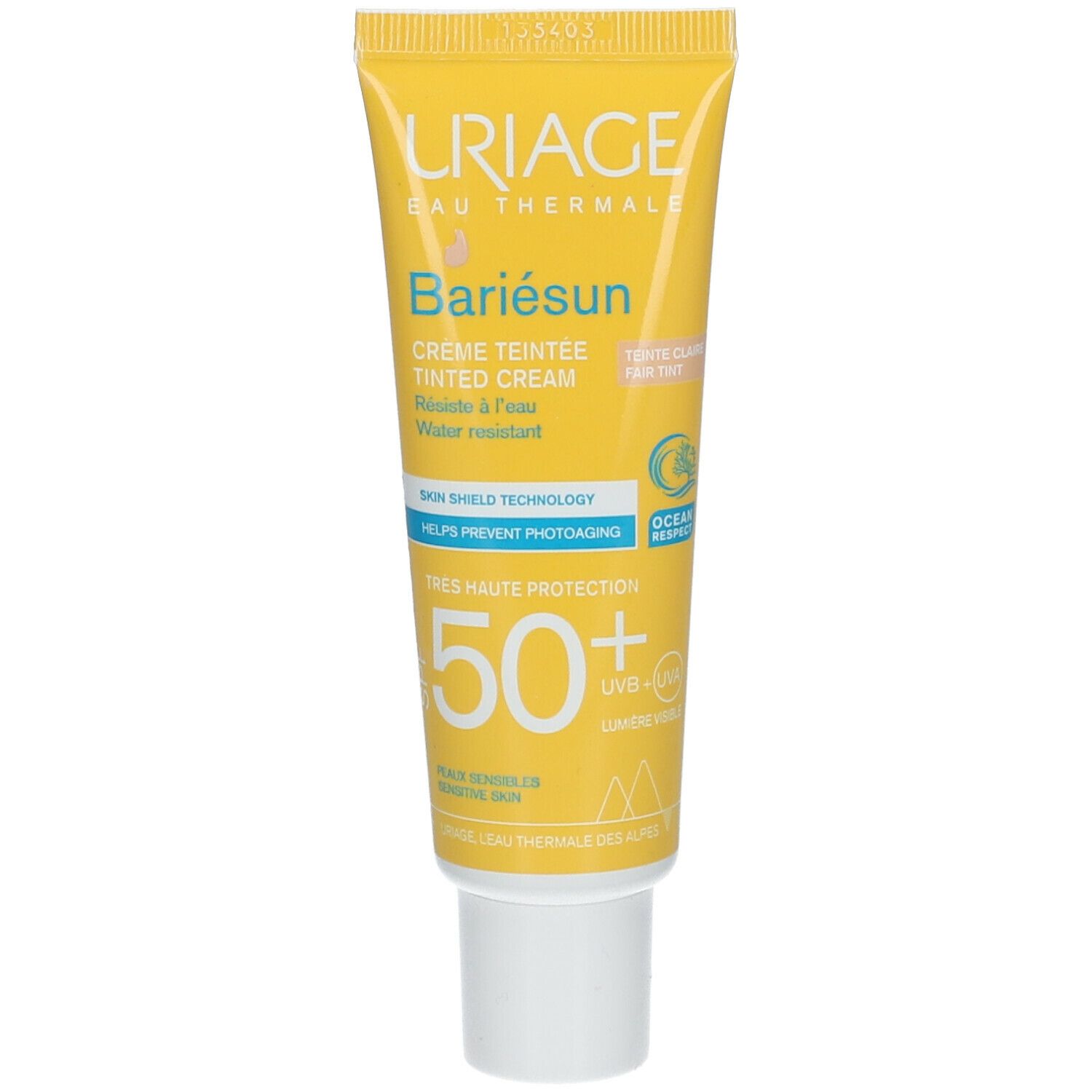 Gele tube met witte dop. Opschrift: Uriage, Bariésun, getinte crème, SPF50+. Waterbestendig.