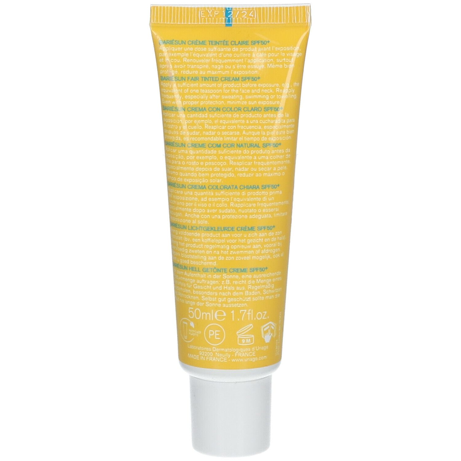 Achterkant van de gele tube. Tekst in meerdere talen. Volume: 50ml. Symbolen voor recycling en houdbaarheid.