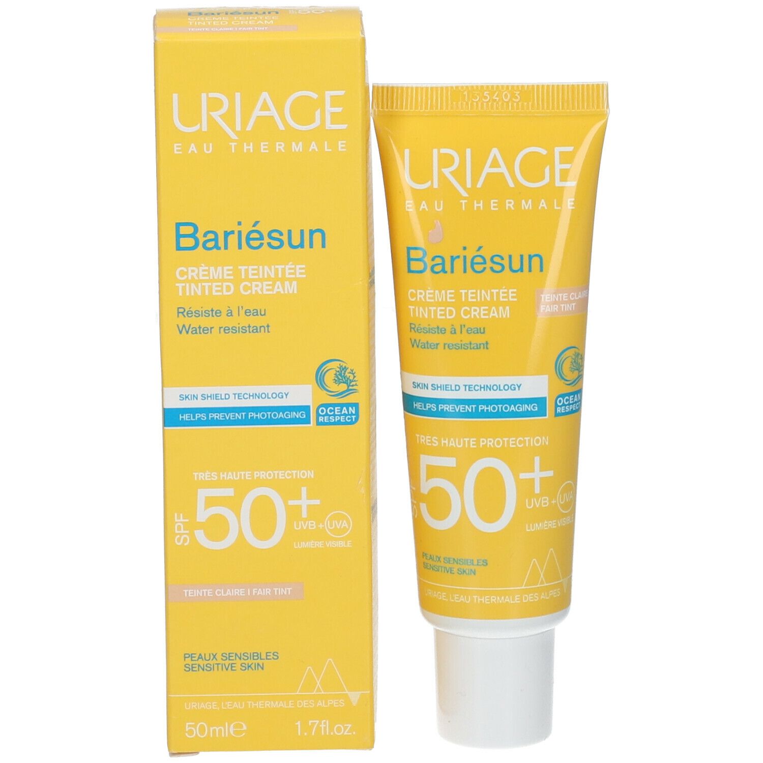 Gele doos en tube. Opschrift: Uriage, Bariésun, getinte crème, SPF50+. Waterbestendig. 50ml.
