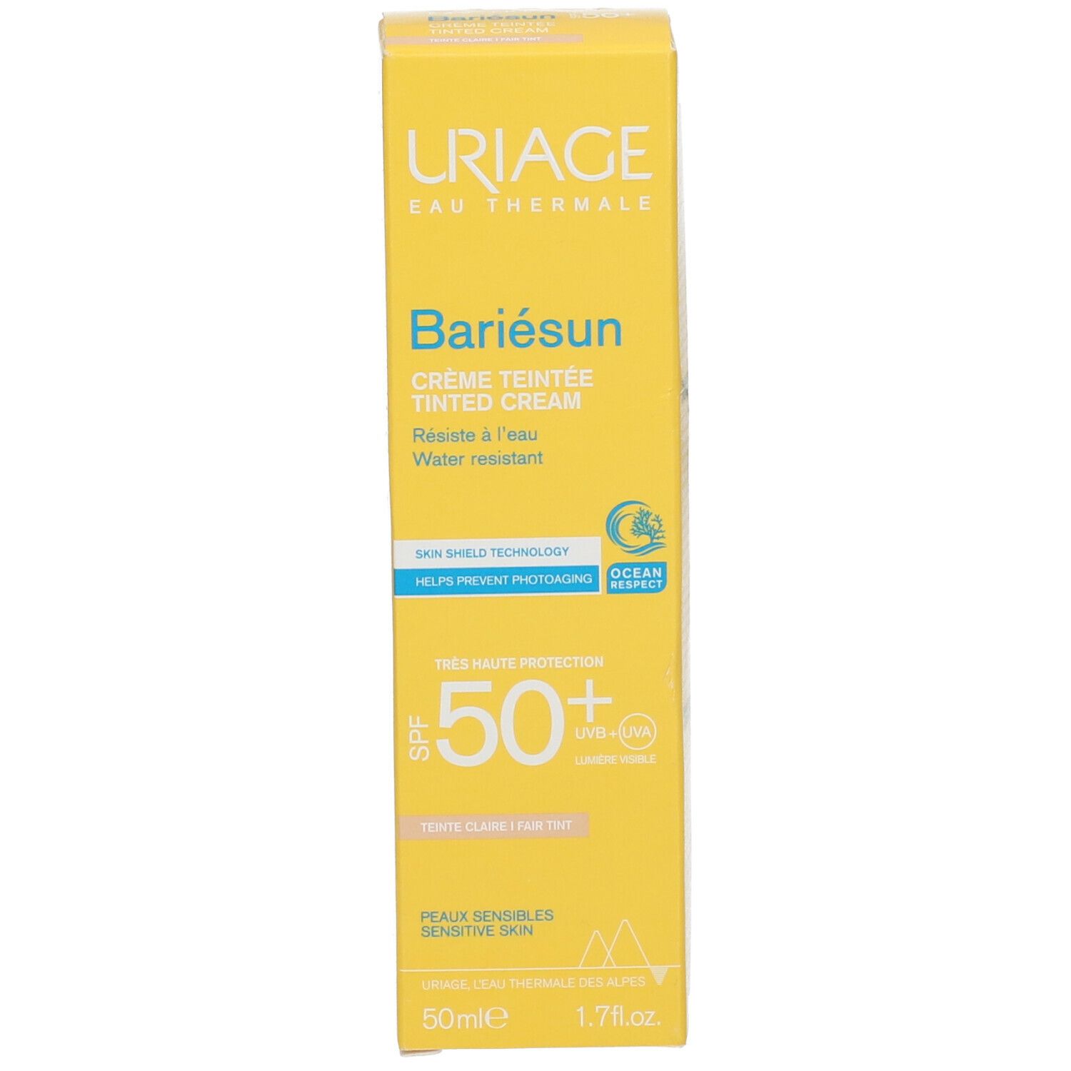 Gele doos. Opschrift: Uriage, Bariésun, getinte crème, SPF50+. Waterbestendig. 50ml.