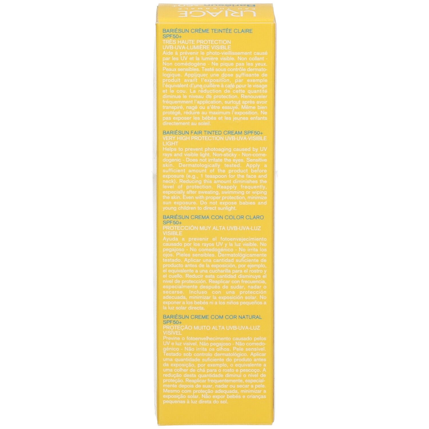 Zijkant van de gele doos. Tekst in meerdere talen. Productinformatie. SPF50+.