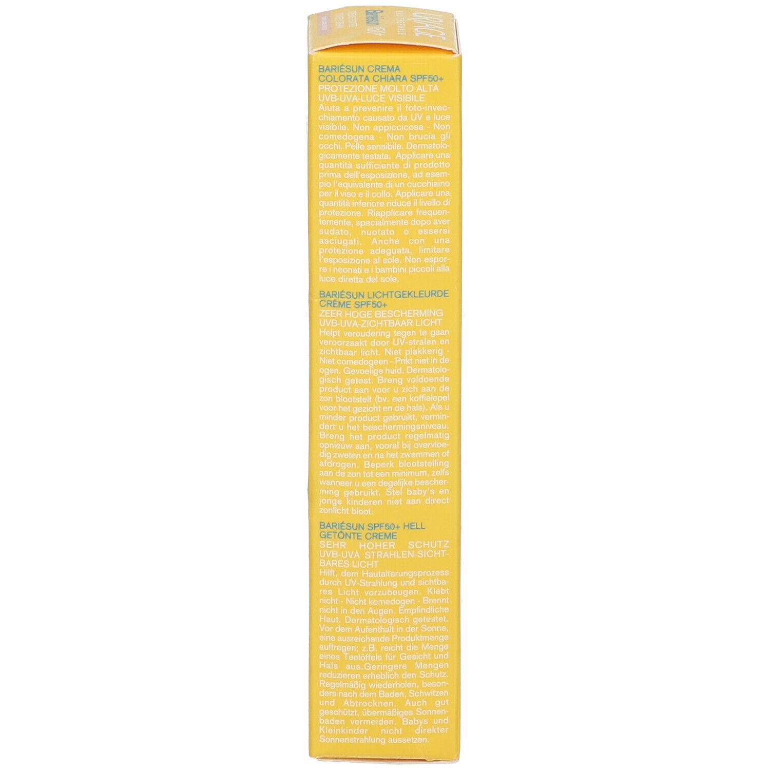 Zijkant van de gele doos. Tekst in meerdere talen. Productinformatie. SPF50+.