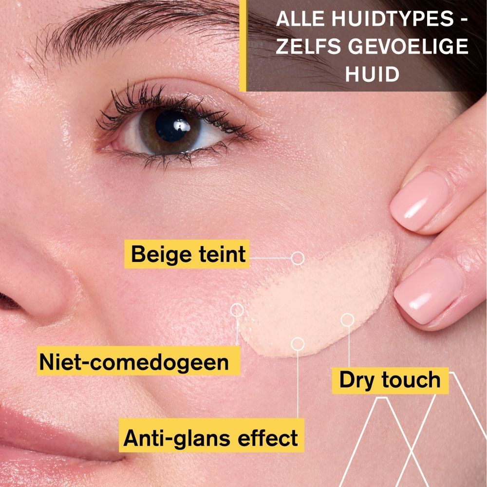 Gezicht met crème-applicatie. Tekst: Beige teint, niet-comedogeen, anti-glans effect, dry touch.
