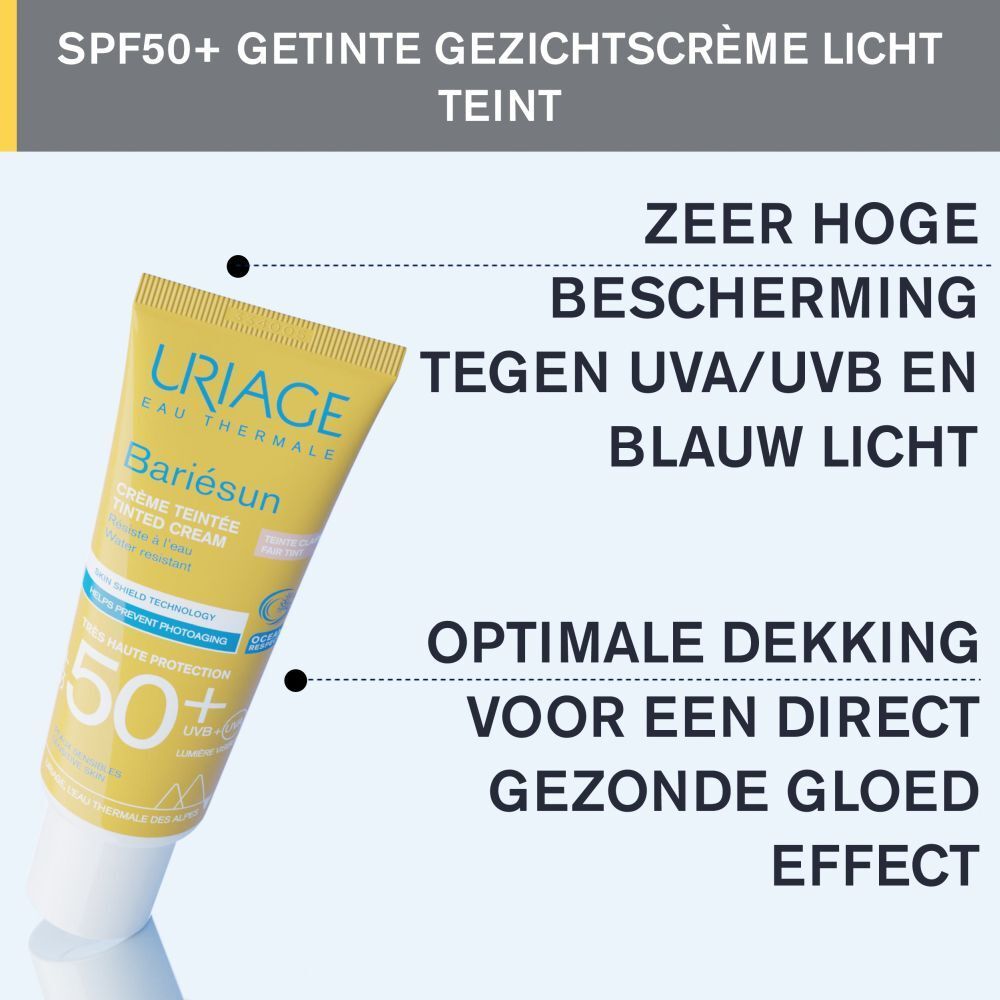 Productafbeelding met tekst: SPF50+ getinte gezichtscrème licht teint, Zeer hoge bescherming tegen UVA/UVB en blauw licht.