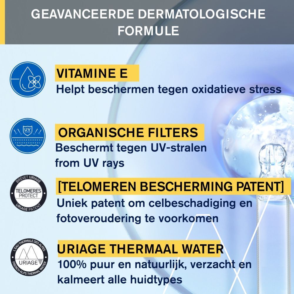 Grafiek met tekst: Vitamine E, Organische filters, [TELOMEREN BESCHERMING PATENT], Uriage Thermaal Water.
