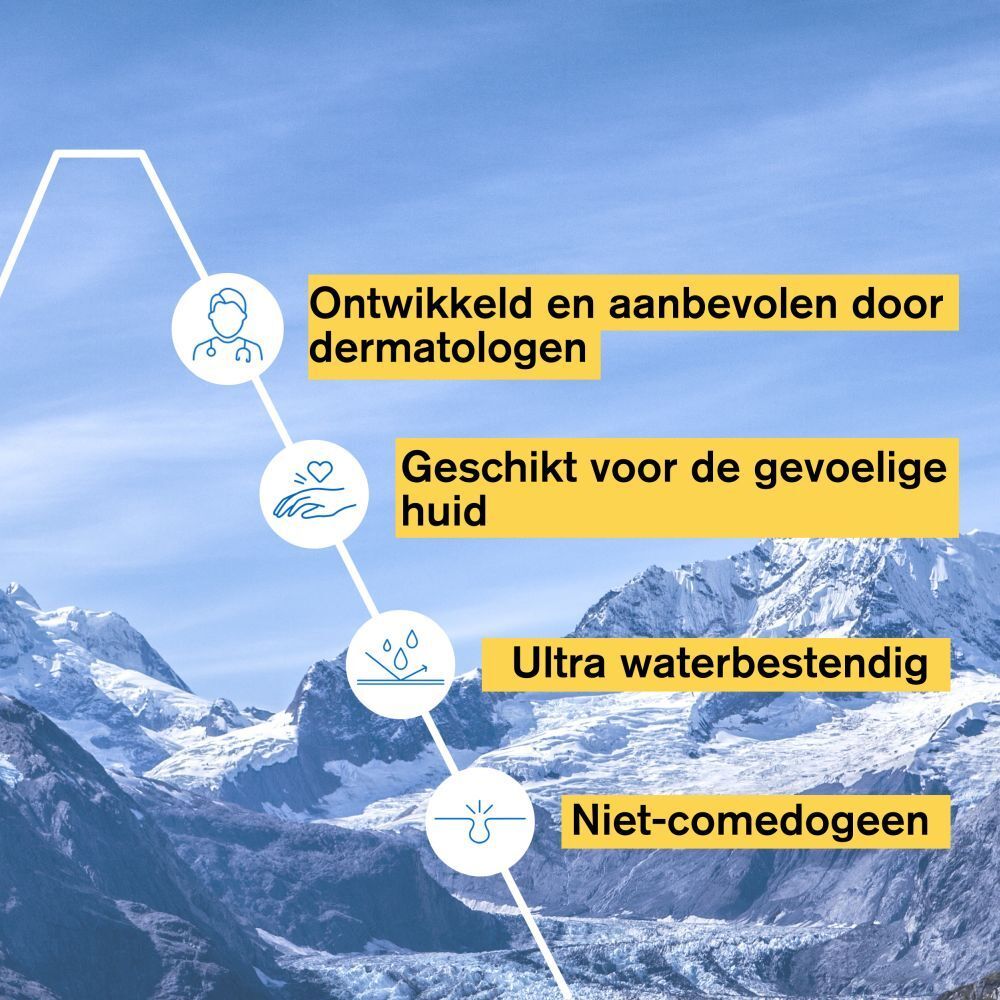 Grafiek met tekst: Ontwikkeld en aanbevolen door dermatologen, Geschikt voor de gevoelige huid, Ultra waterbestendig.