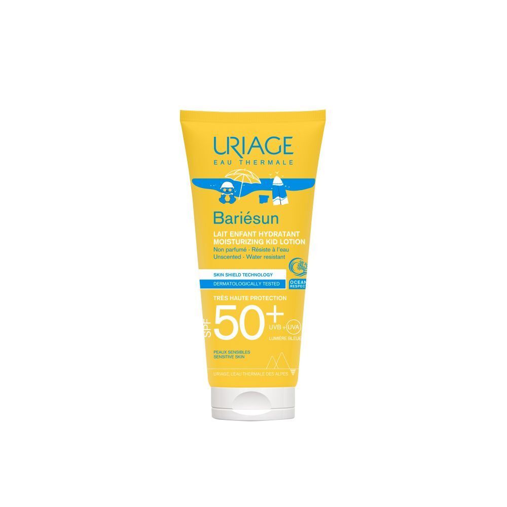 Uriage Bariesun Melk voor Kinderen SPF 50+ tube. Geel, met opschriften: Bariesun, SPF 50+, waterbestendig.