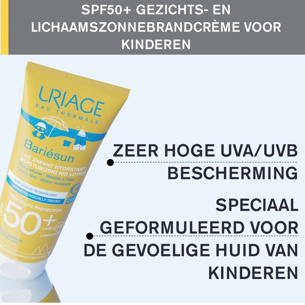 Uriage Bariesun Melk voor Kinderen SPF 50+ tube. Tekst: Zeer hoge UVA/UVB-bescherming, gevoelige huid.