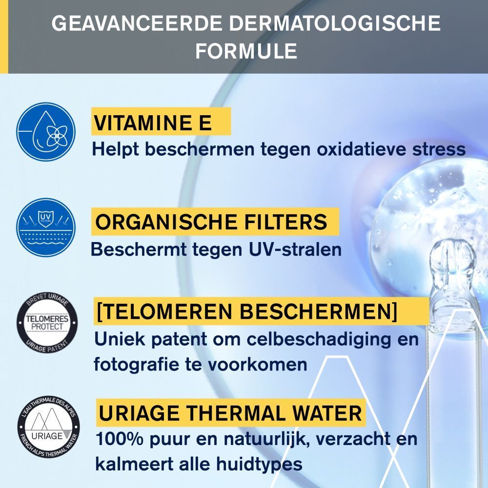 Grafiek met ingrediënten: Vitamine E, organische filters, Telomeres Protect, Uriage Thermaal Water.