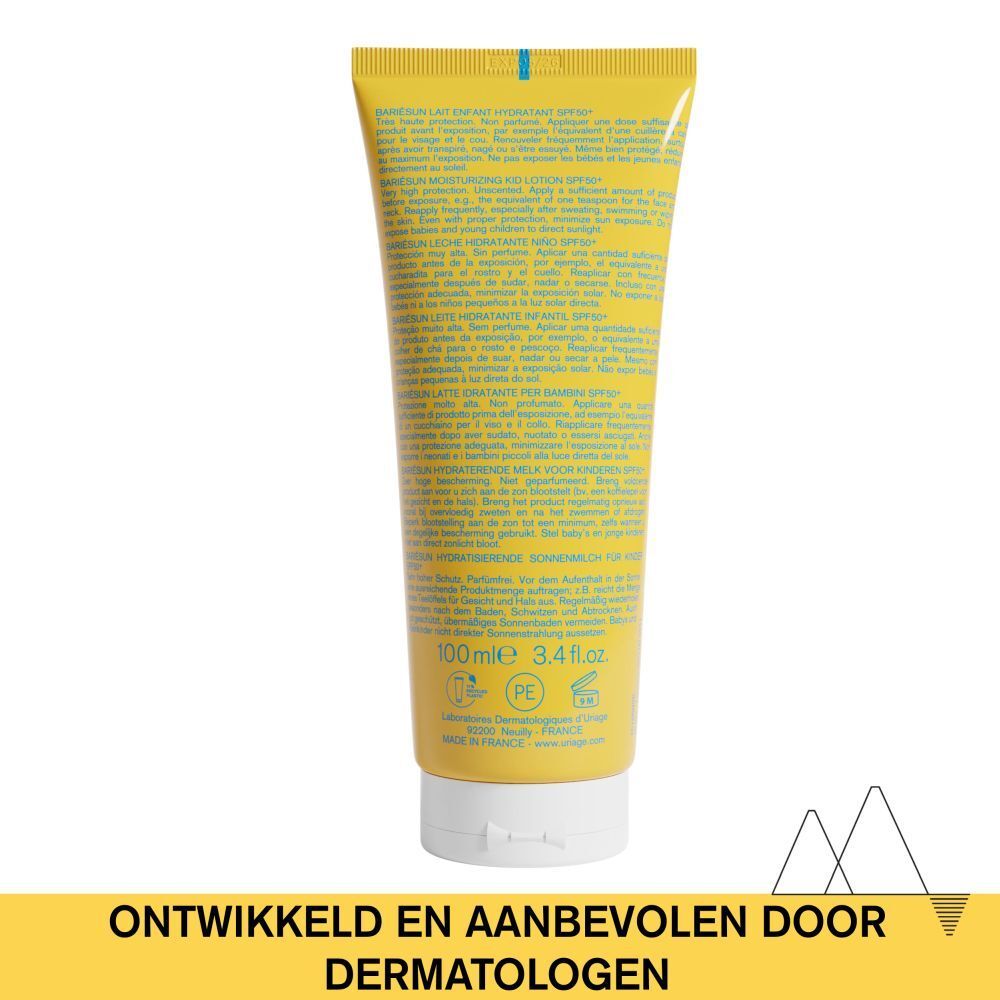 Achterkant van de tube Uriage Bariesun Melk voor Kinderen SPF 50+. Meertalige tekst.