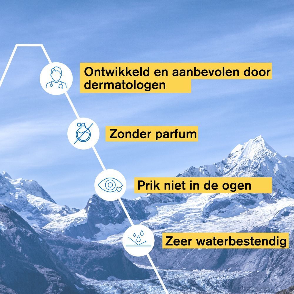 Grafiek met voordelen: Aanbevolen door dermatologen, parfumvrij, prikt niet in de ogen, waterbestendig.