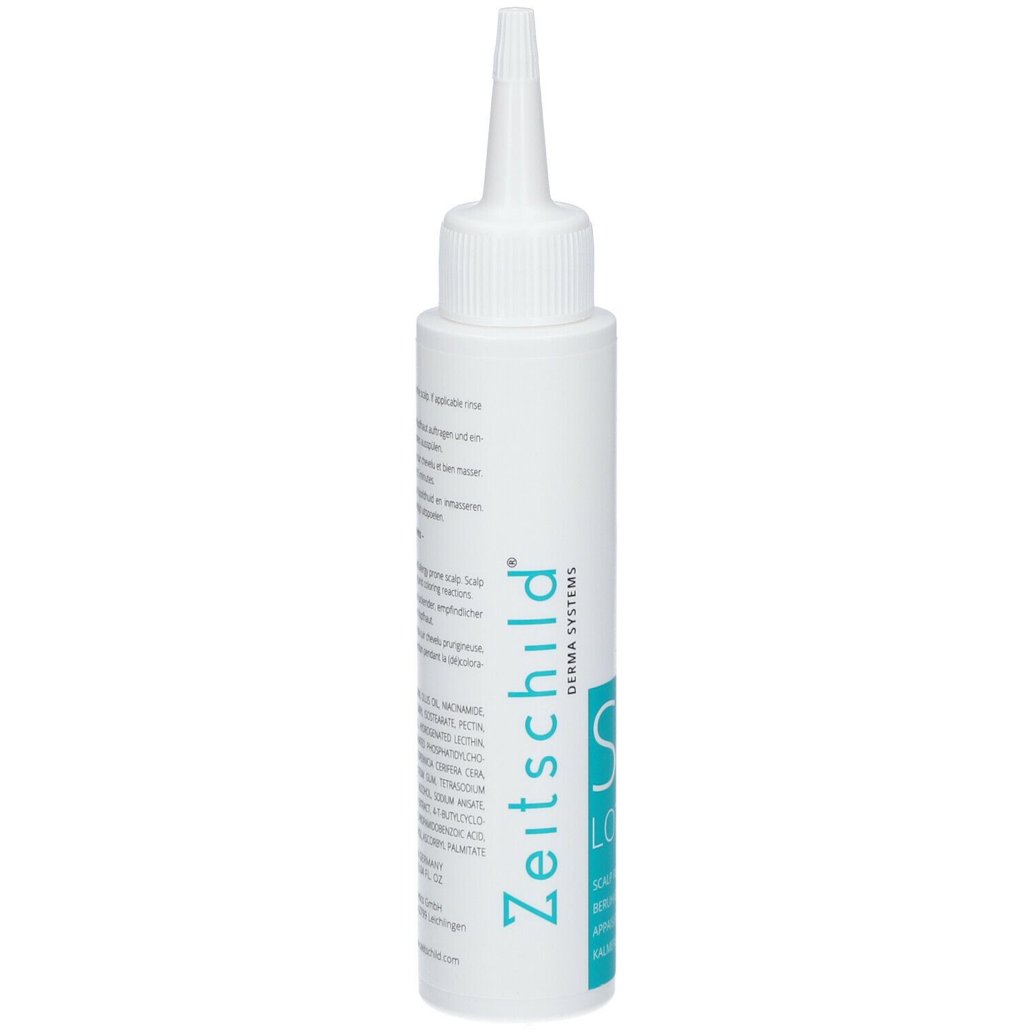 Witte fles met puntige applicator. Opschrift Zeitschild Derma Systems en SR∞ Lotion.