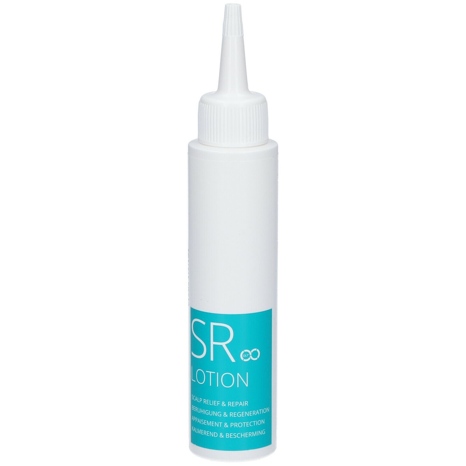 Witte fles met puntige applicator. Turquoise etiket met tekst SR∞ Lotion.