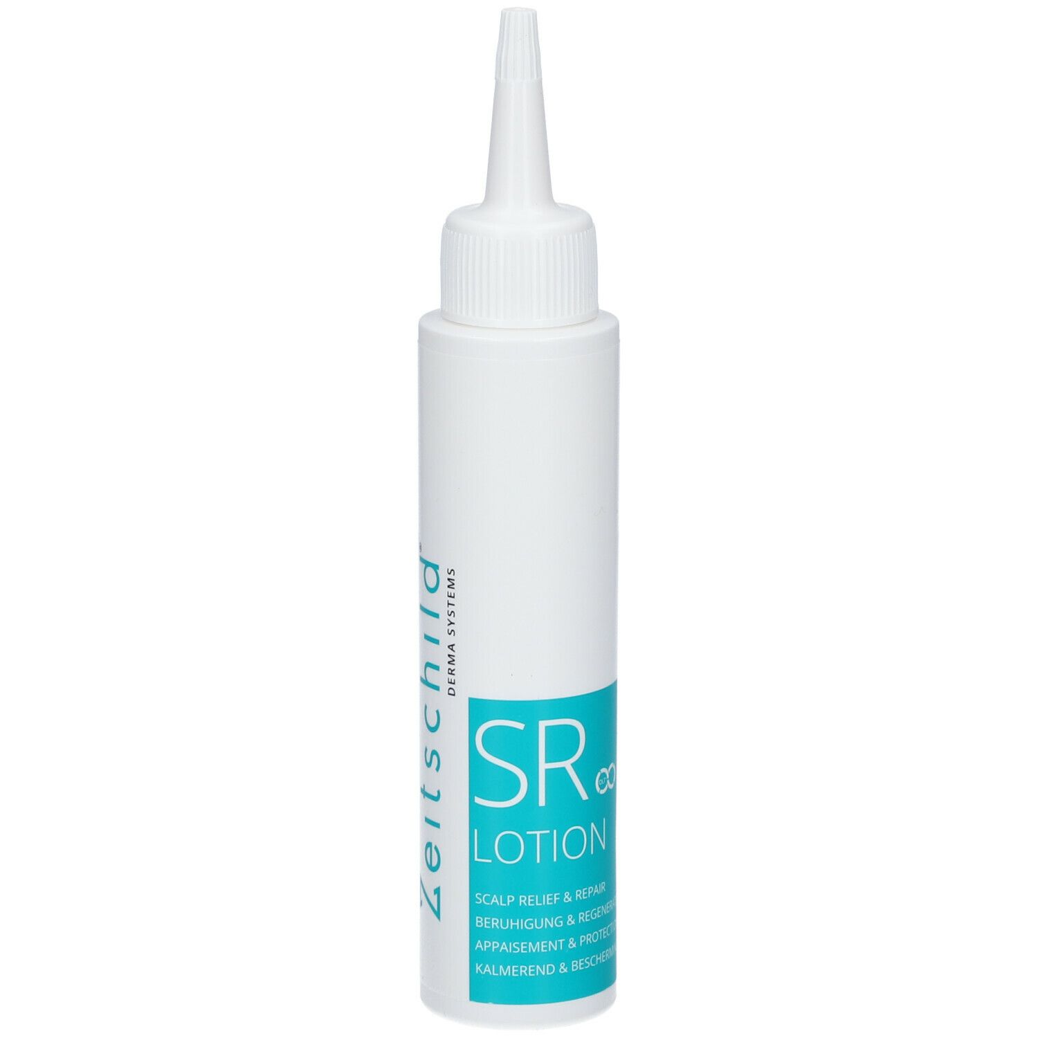 Witte fles met puntige applicator. Opschrift Zeitschild Derma Systems en SR∞ Lotion.