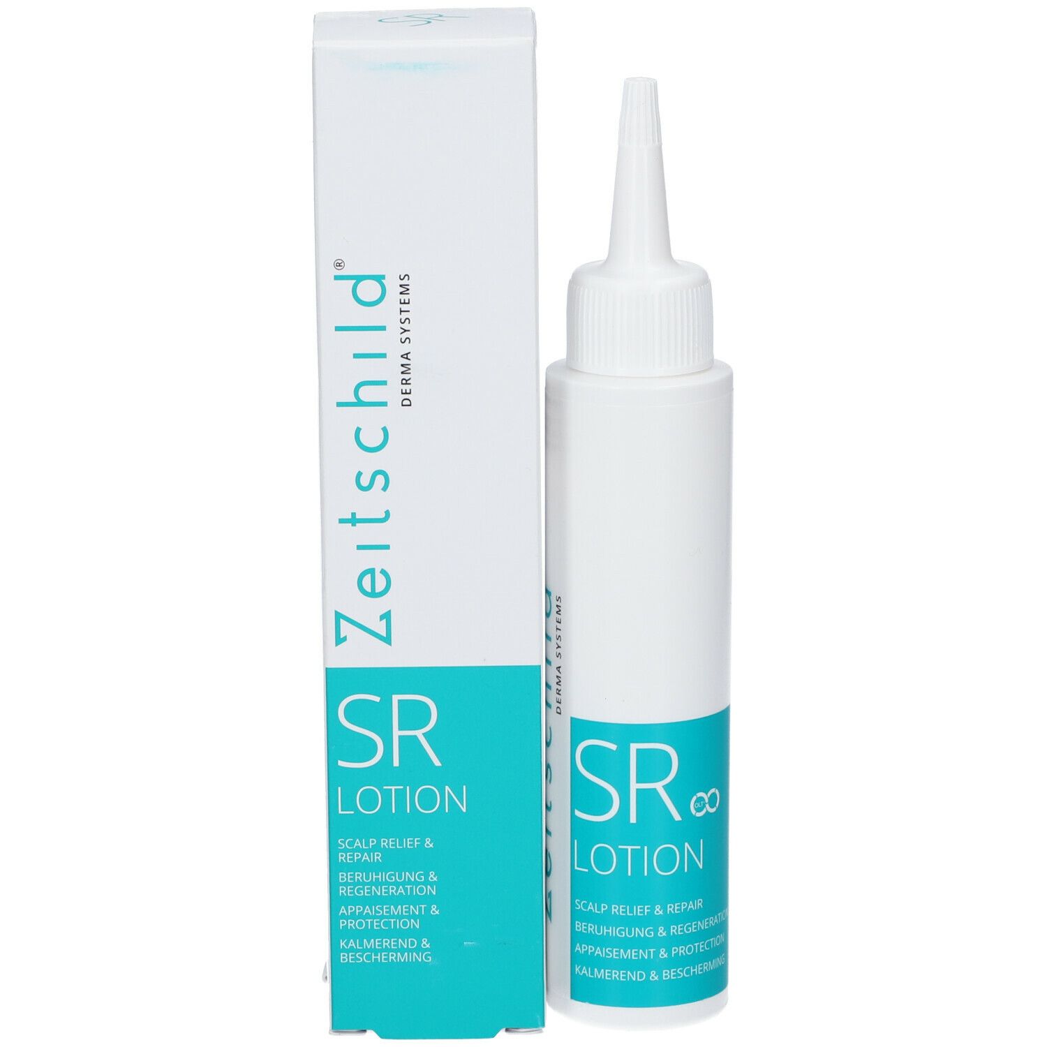Productfles en verpakking. Witte fles met turquoise etiket en doos.
