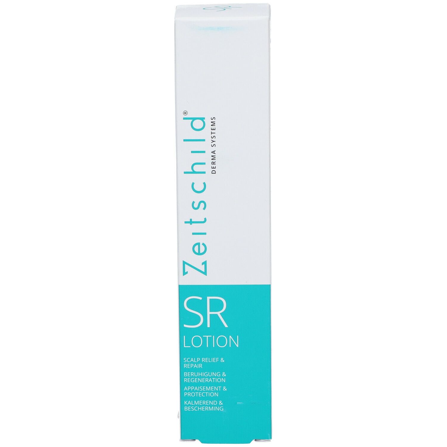Hoge, witte verpakking met turquoise etiket. Opschrift Zeitschild Derma Systems en SR Lotion.