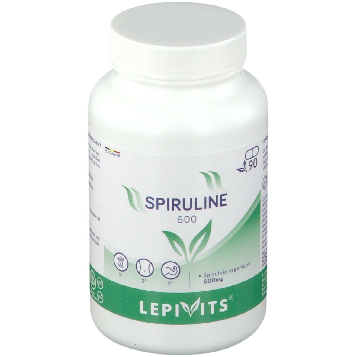 Witte fles LEPIVITS Spiruline 600. Groen-witte etiketten met naam, bladeren en symbolen. Witte dop.