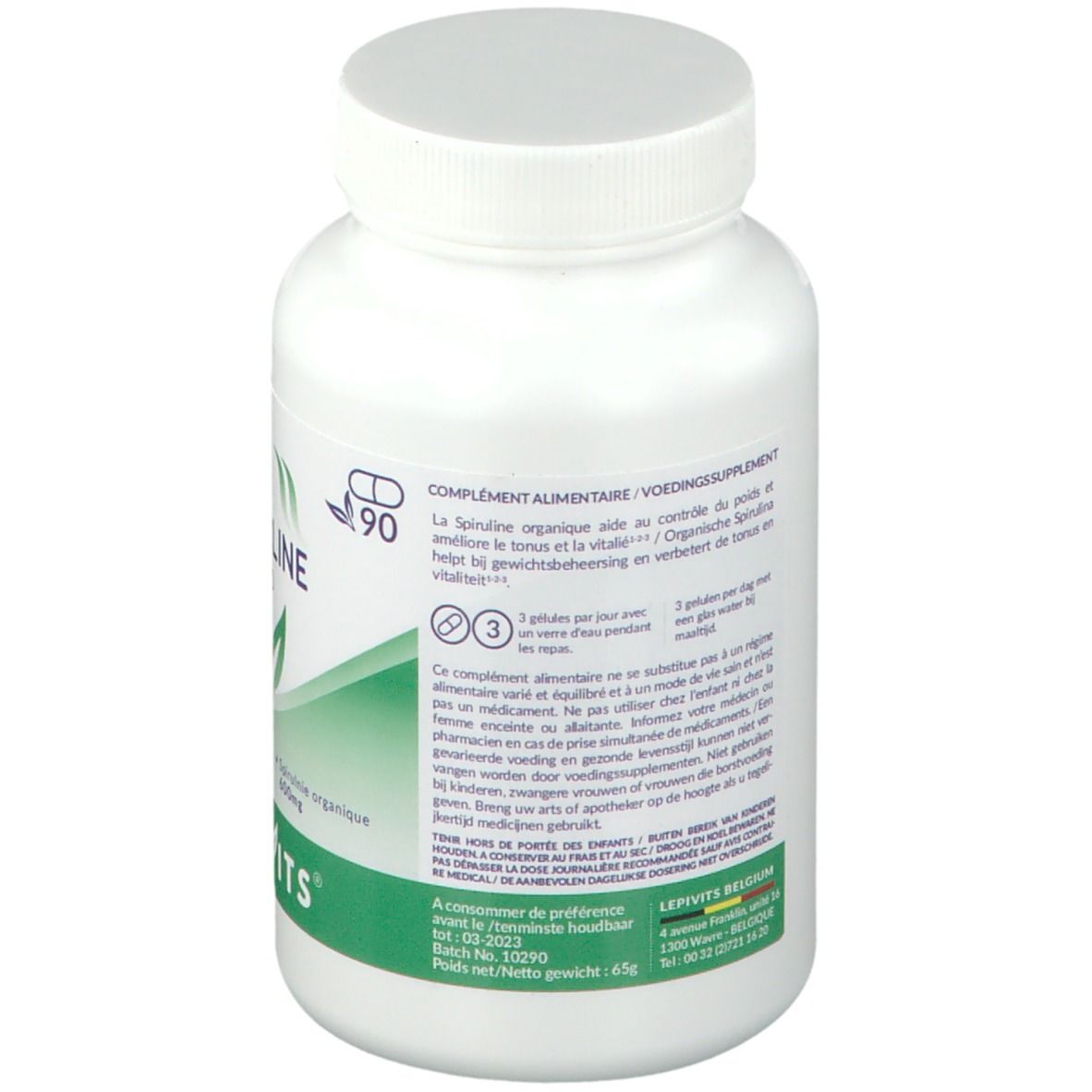 Achterkant witte fles LEPIVITS Spiruline 600. Meertalige tekst. Groen etiket onderaan.