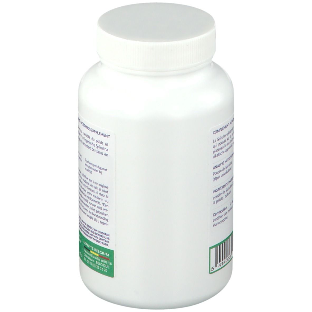 Zijaanzicht witte fles LEPIVITS Spiruline 600. Tekst en groen etiket. Witte dop.