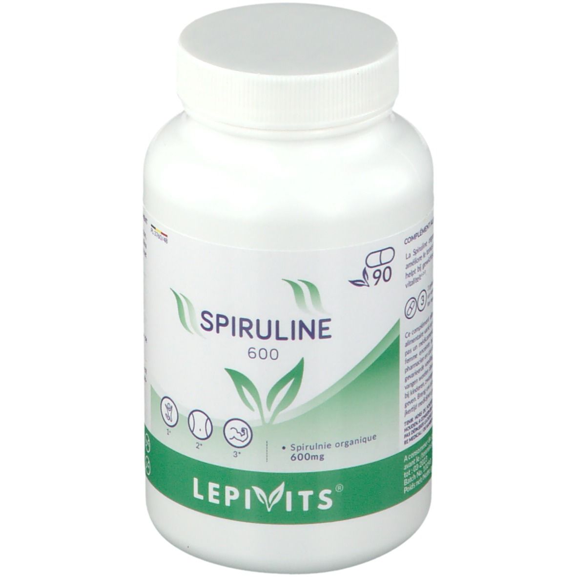 Witte fles LEPIVITS Spiruline 600. Groen etiket met naam, bladeren en symbolen. Witte dop.