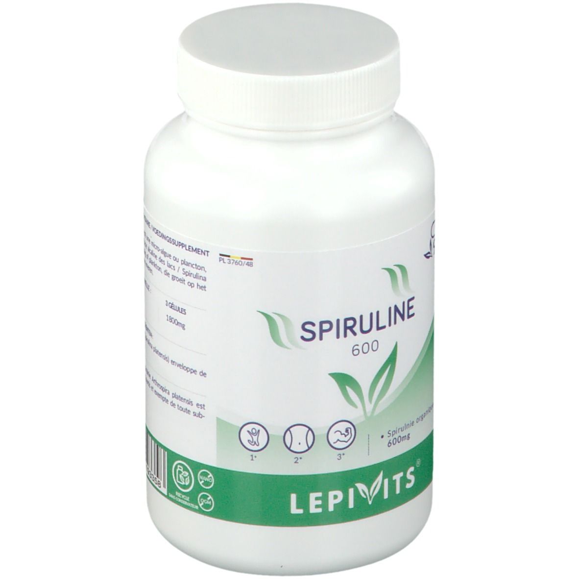Witte fles LEPIVITS Spiruline 600. Groen etiket met naam, bladeren en symbolen. Witte dop.