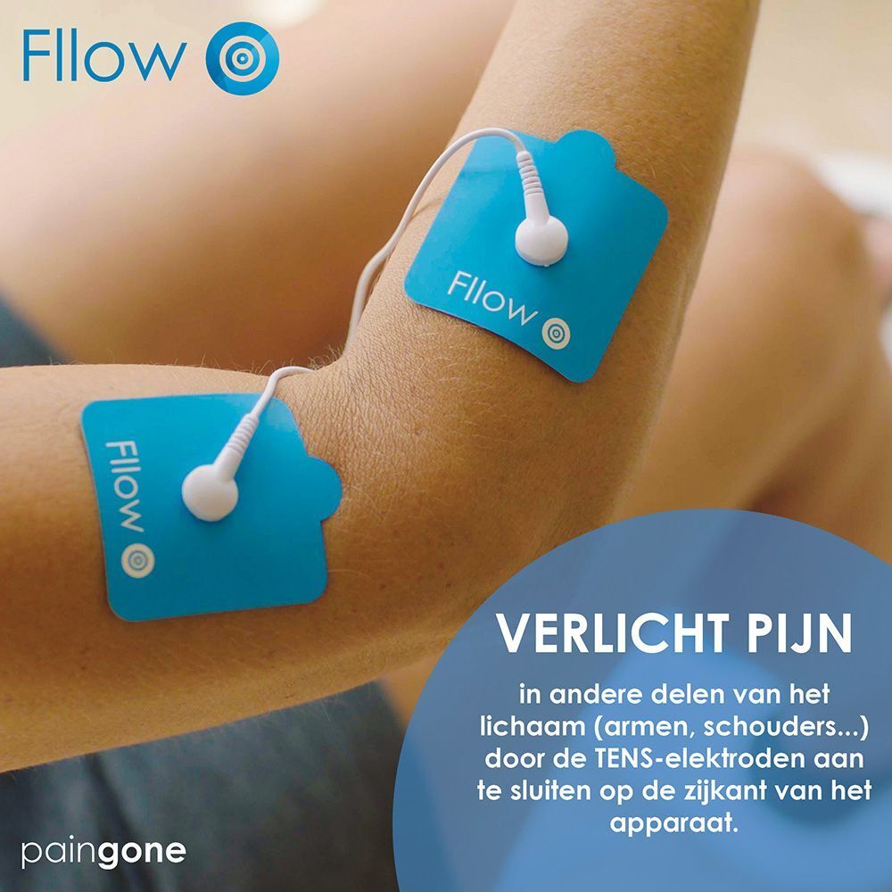 Arm met elektroden. Blauwe elektroden met witte kabel. Opschrift: Fllow, Paingone.