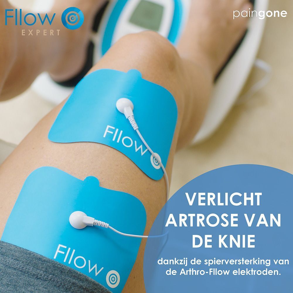 Verpakking met twee blauwe elektroden. Opschriften: Fllow, Paingone. Tekst in het Nederlands.